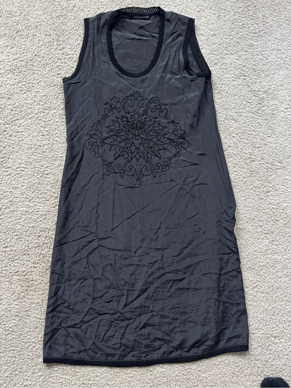 Vintage Vivienne Tam Black Silk & Cotton Floral Embroidered Pattern Dress Sz 0/S